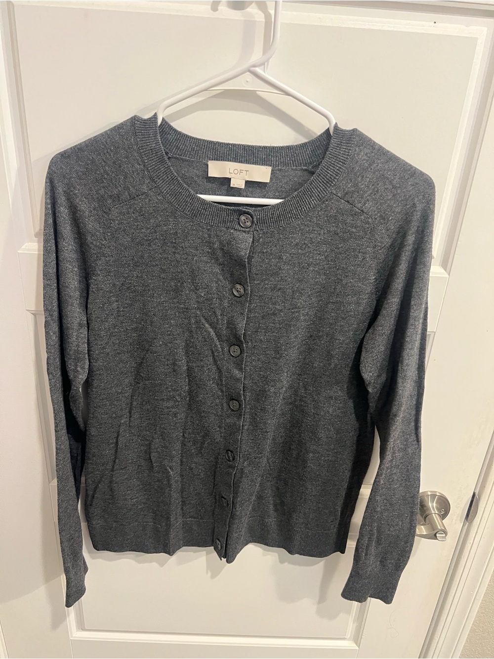 LOFT Charcoal Gray Button-Front Crewneck Cardigan